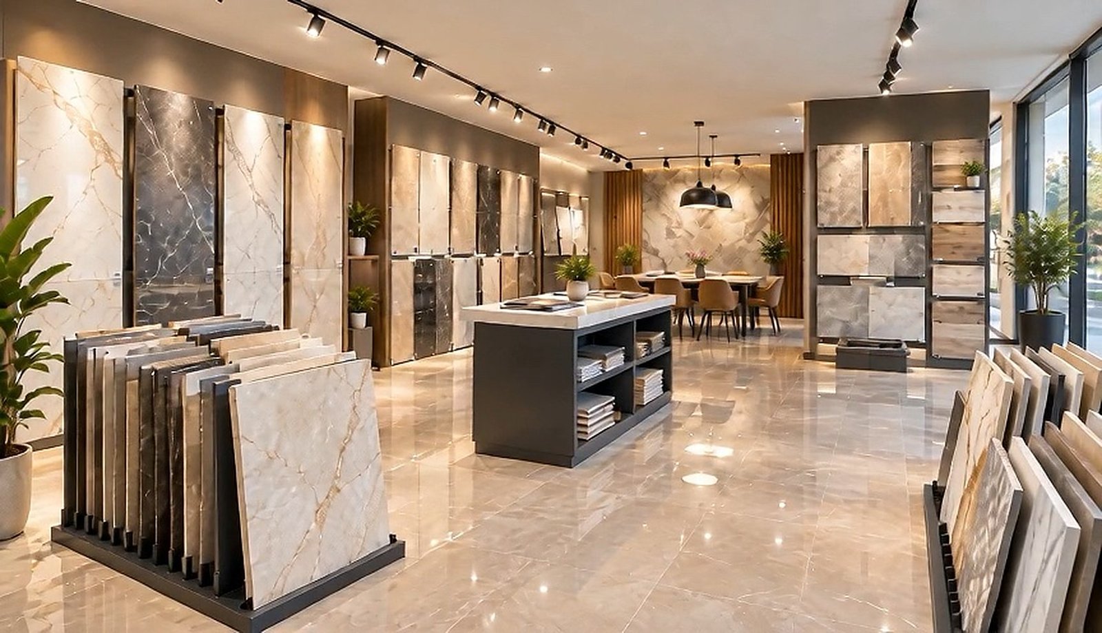 Showroom de carrelage et de marbre : grandes plaques veinées, îlot central, sol brillant